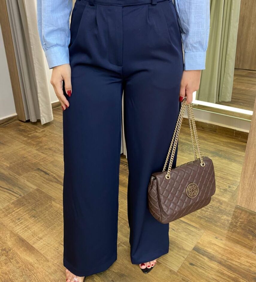 Calça Feminina Heloísa Alfaiataria Pantalona Azul Marinho - Fernanda Ramos Store