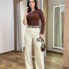 Calça Feminina Pantalona Bianca Nude com Botão Encapado - Fernanda Ramos Store