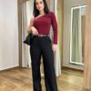 Calça Feminina Pantalona Bianca Preta com Botão Encapado - Fernanda Ramos Store