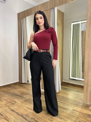 Calça Feminina Pantalona Bianca Preta com Botão Encapado - Fernanda Ramos Store
