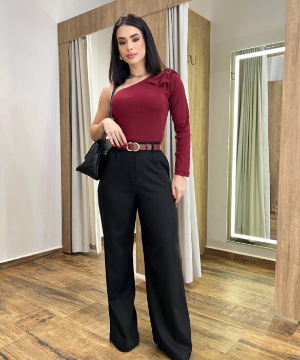 Calça Feminina Pantalona Bianca Preta com Botão Encapado - Fernanda Ramos Store