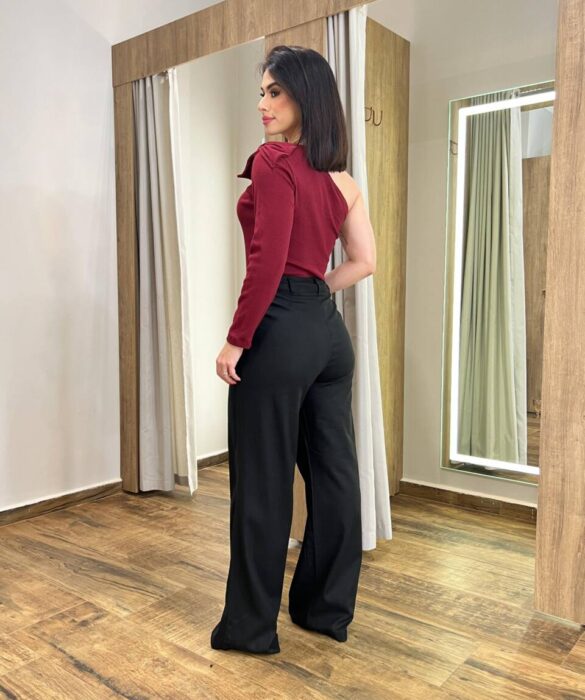 Calça Feminina Pantalona Bianca Preta com Botão Encapado - Fernanda Ramos Store