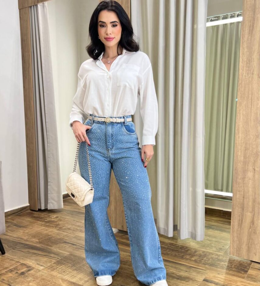 Calça Jeans Feminina Mariana Wide Leg com Aplicações - Fernanda Ramos Store