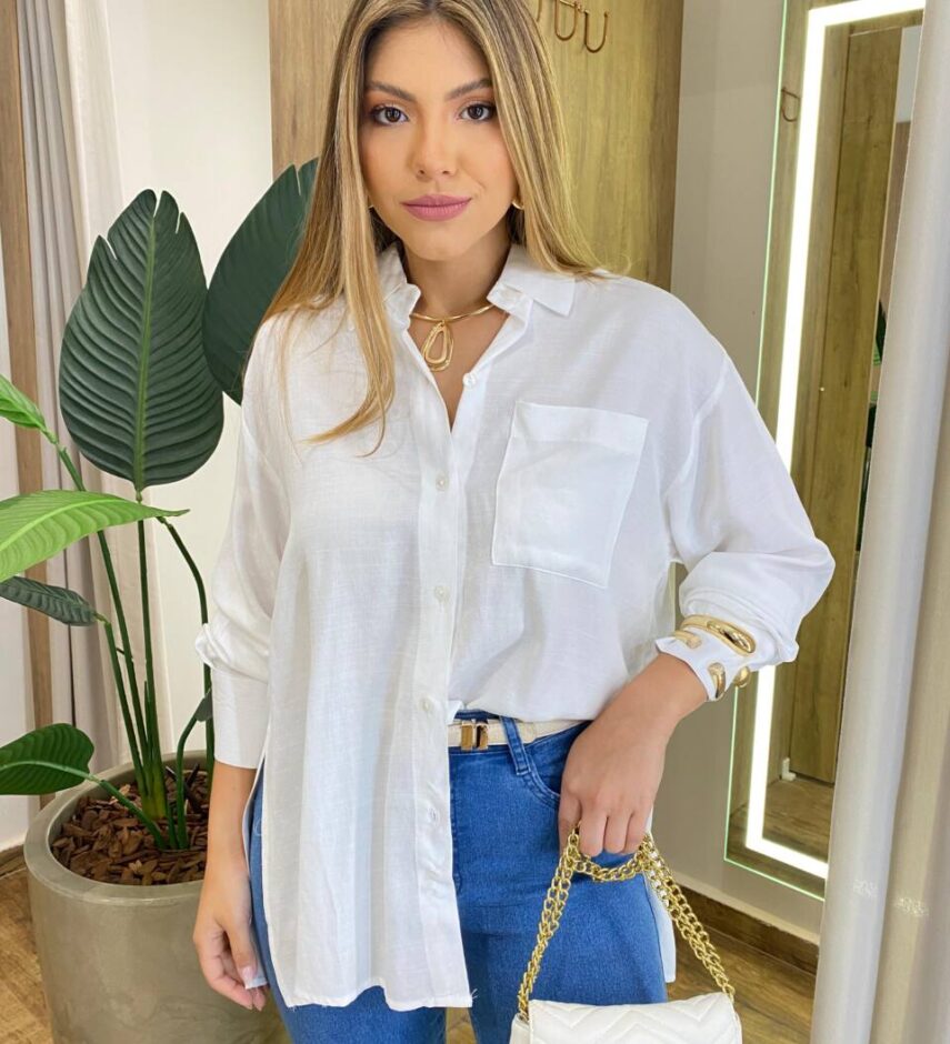 Camisa Feminina Isis Manga Longa Off White com Abertura Lateral - Fernanda Ramos Store