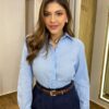 Camisa Feminina Júlia Manga Longa Azul com Botões Encapados - Fernanda Ramos Store