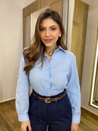 Camisa Feminina Júlia Manga Longa Azul com Botões Encapados - Fernanda Ramos Store