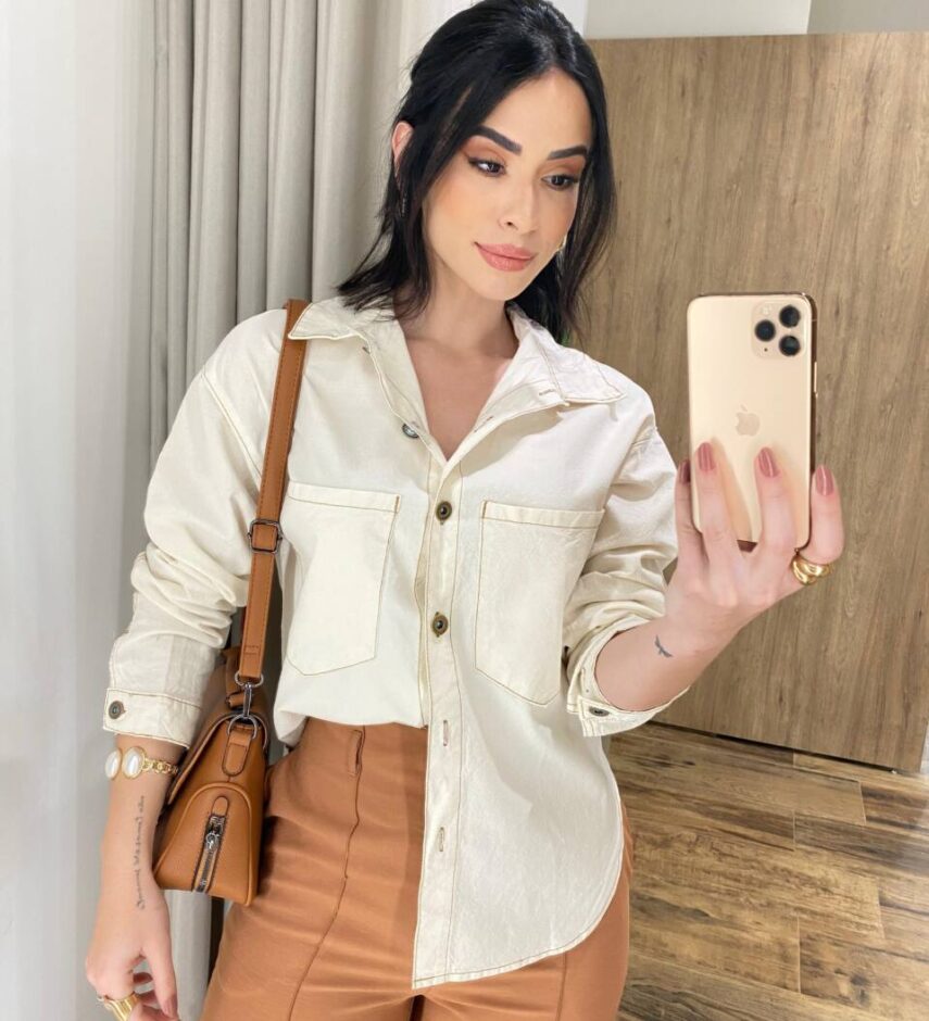 Camisa Feminina Manga Longa Jeans Off White - Fernanda Ramos Store
