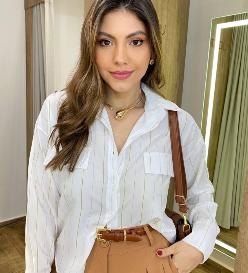 Camisa Feminina Sophia Manga Longa Branca Listrada - Fernanda Ramos Store