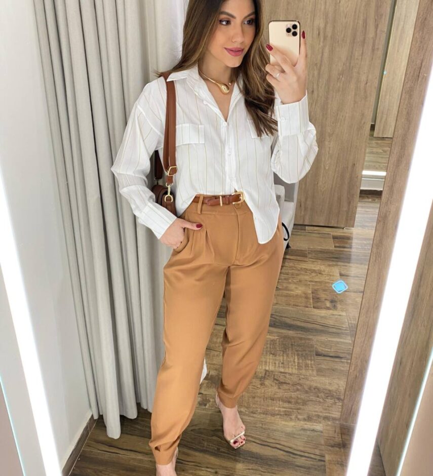 Camisa Feminina Sophia Manga Longa Branca Listrada - Fernanda Ramos Store