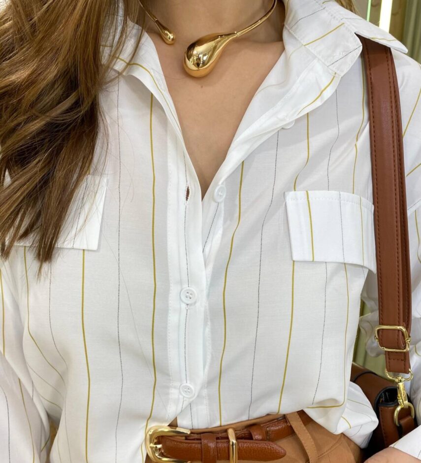 Camisa Feminina Sophia Manga Longa Branca Listrada - Fernanda Ramos Store