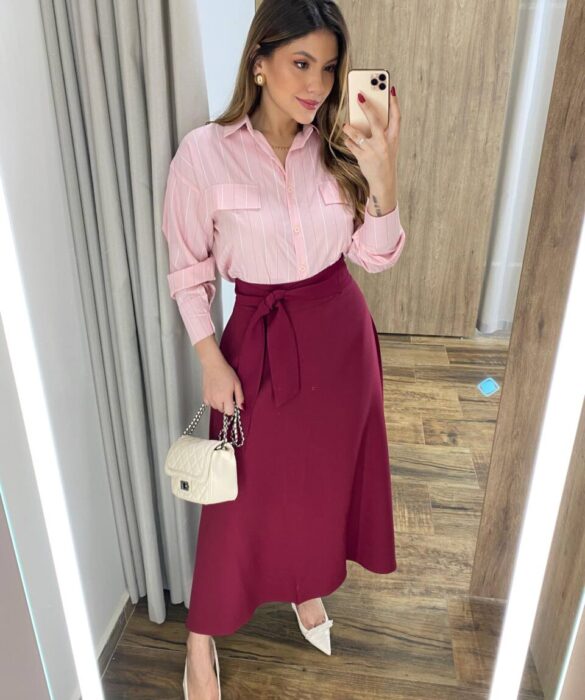 Camisa Feminina Sophia Manga Longa Rosa Listrada - Fernanda Ramos Store