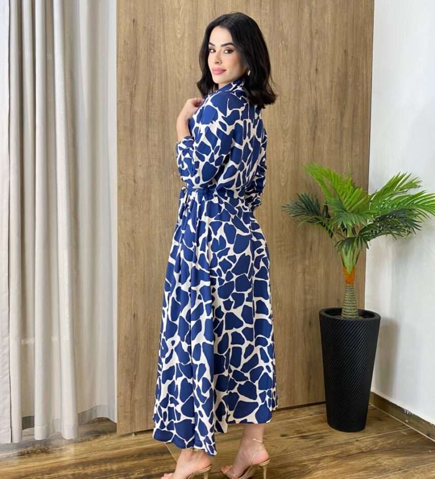 Chemise Feminino Midi Manga Longa Estampado de Azul com Amarração - Fernanda Ramos Store
