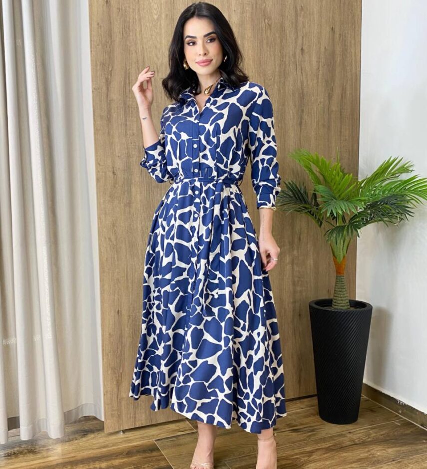 Chemise Feminino Midi Manga Longa Estampado de Azul com Amarração - Fernanda Ramos Store