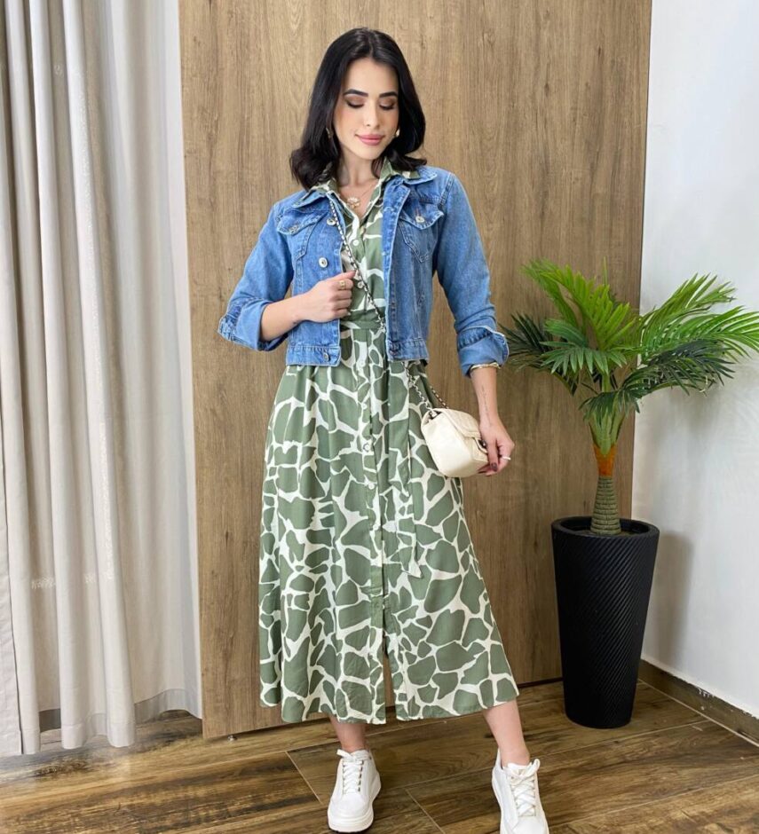 Chemise Feminino Midi Manga Longa Estampado de Verde com Amarração - Fernanda Ramos Store