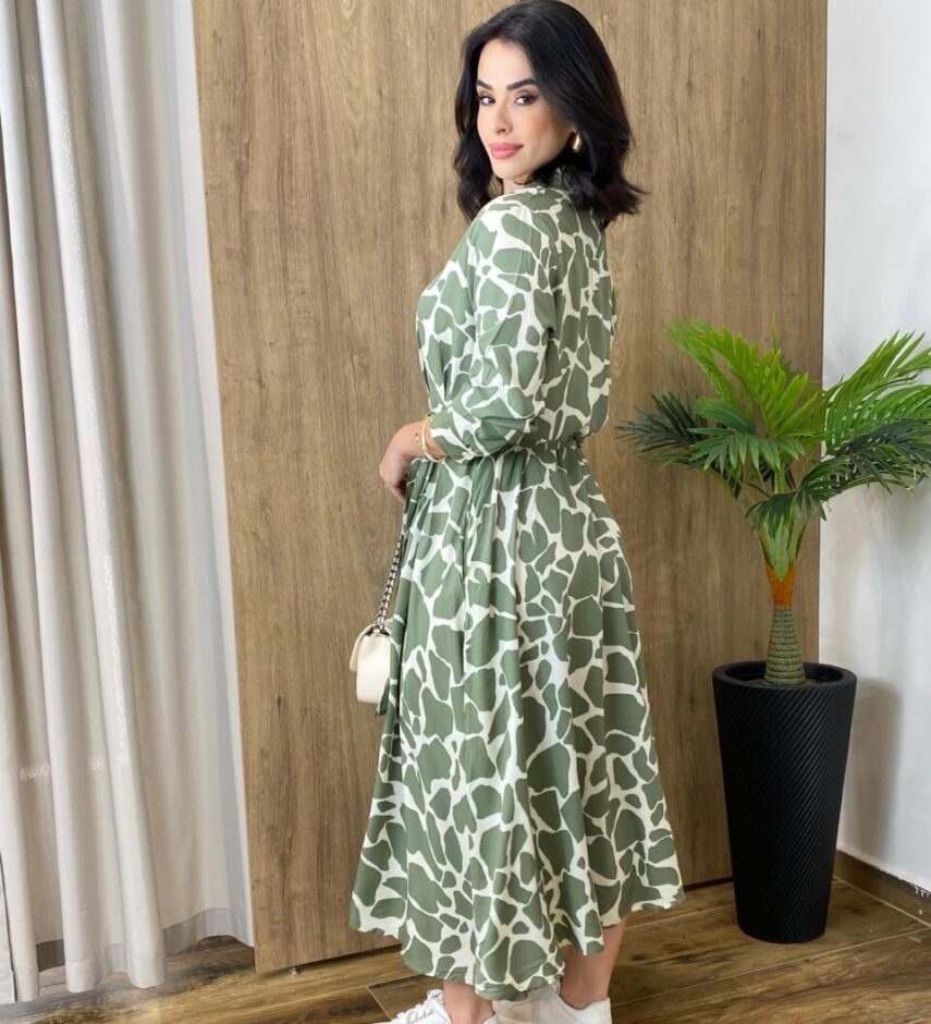 Chemise Feminino Midi Manga Longa Estampado de Verde com Amarração - Fernanda Ramos Store