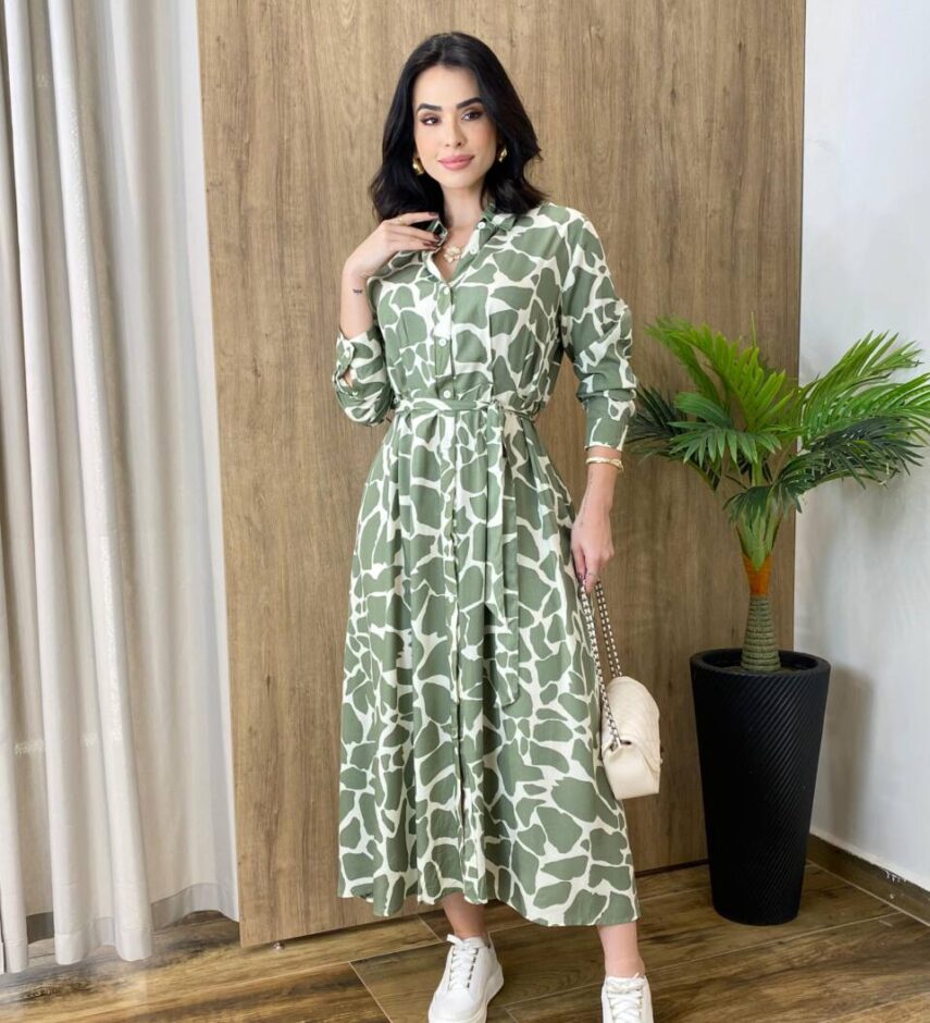 Chemise Feminino Midi Manga Longa Estampado de Verde com Amarração - Fernanda Ramos Store