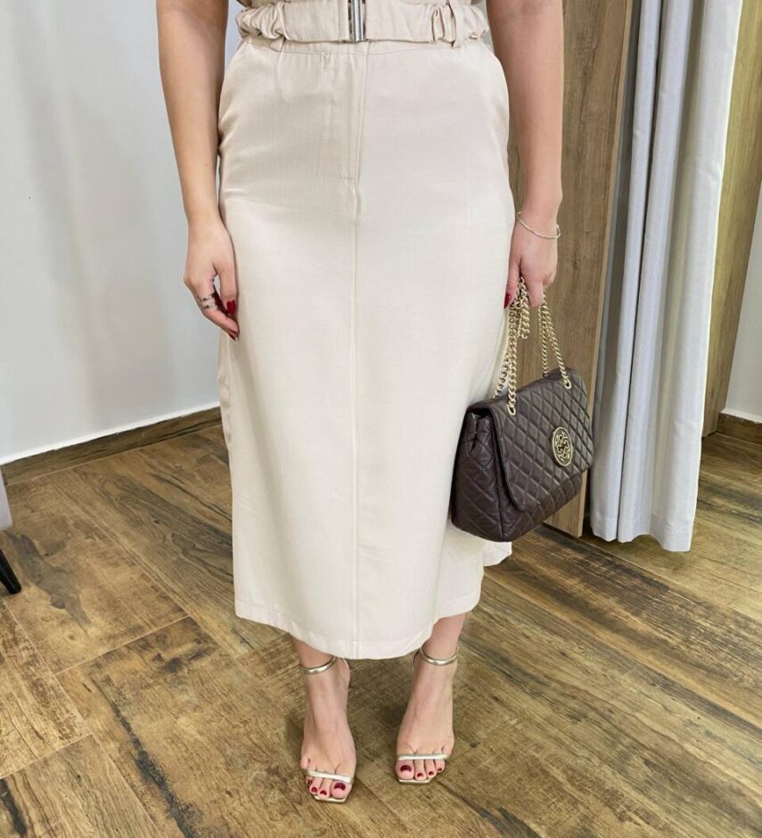 Conjunto Feminino Ayla Regata e Saia Midi Bege com Cinto - Fernanda Ramos Store