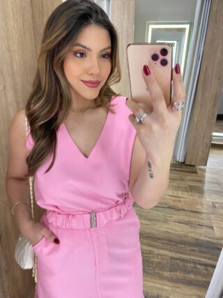 Conjunto Feminino Ayla Regata e Saia Midi Rosa com Cinto - Fernanda Ramos Store