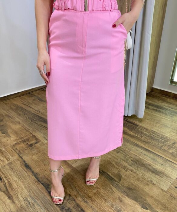 Conjunto Feminino Ayla Regata e Saia Midi Rosa com Cinto - Fernanda Ramos Store