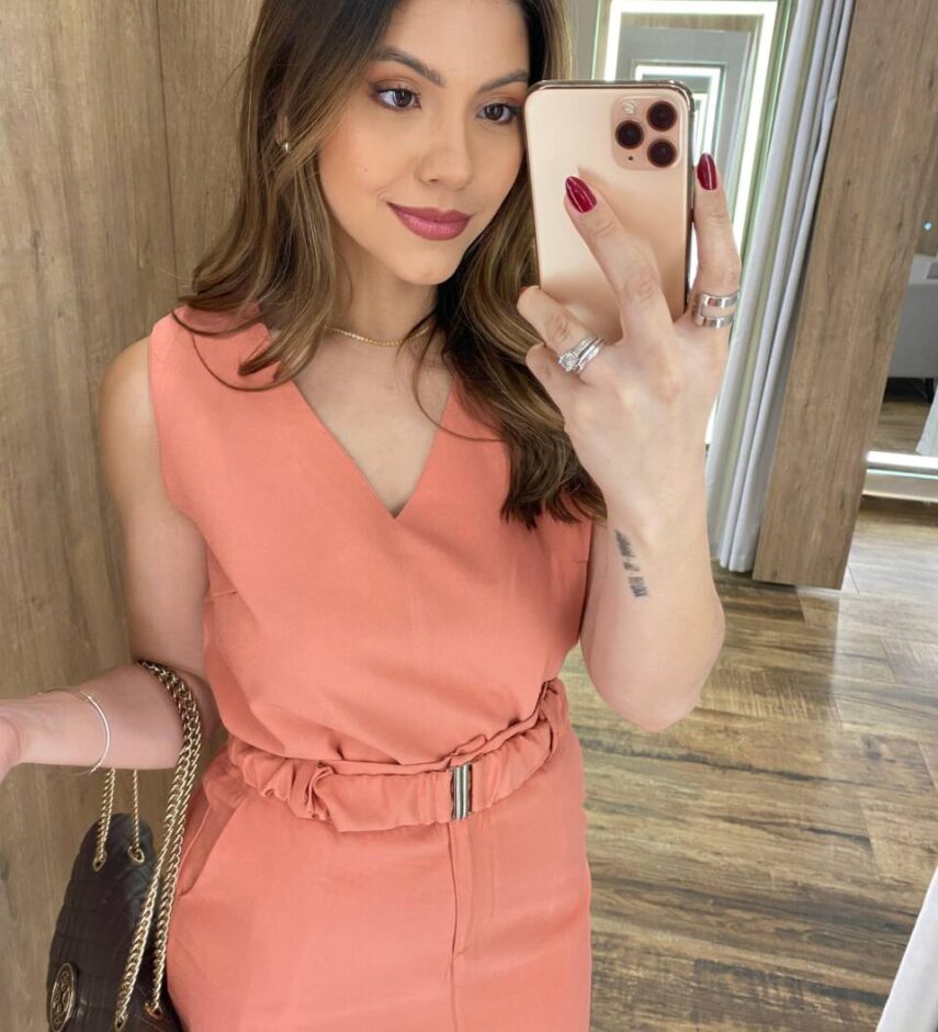Conjunto Feminino Ayla Regata e Saia Midi Salmão com Cinto - Fernanda Ramos Store