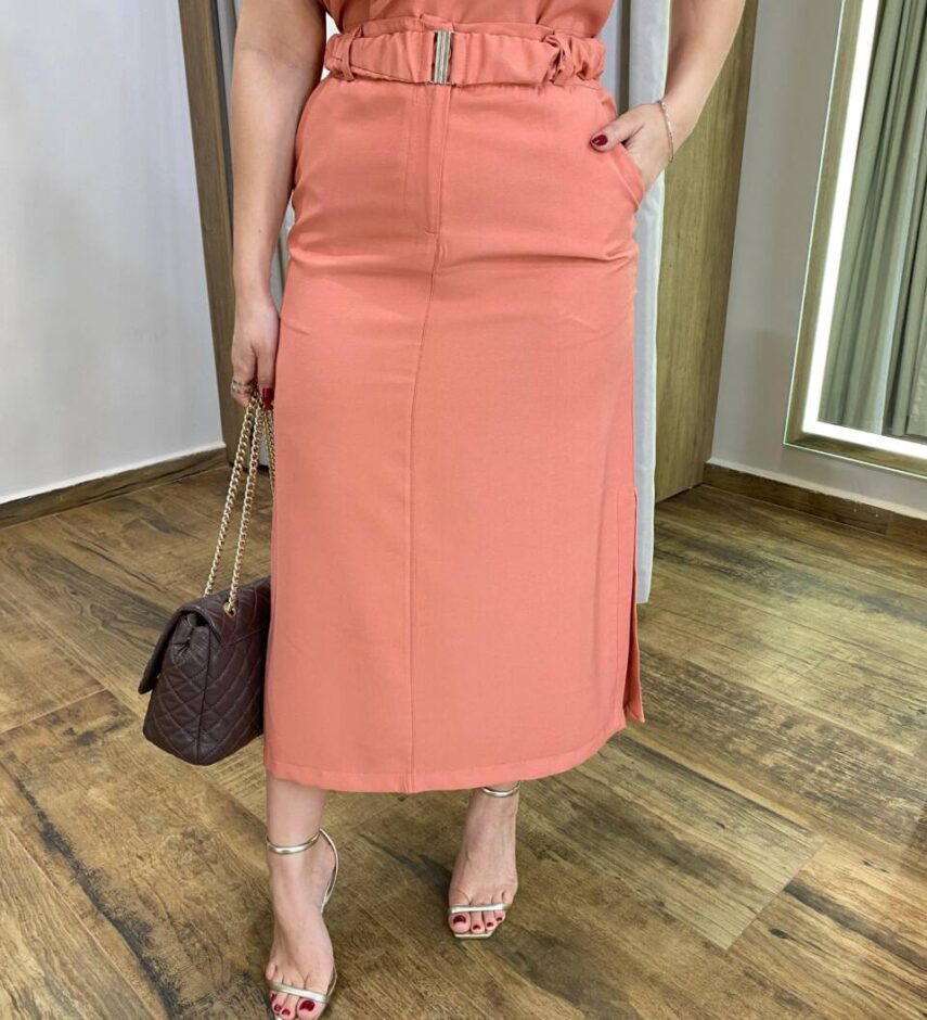 Conjunto Feminino Ayla Regata e Saia Midi Salmão com Cinto - Fernanda Ramos Store