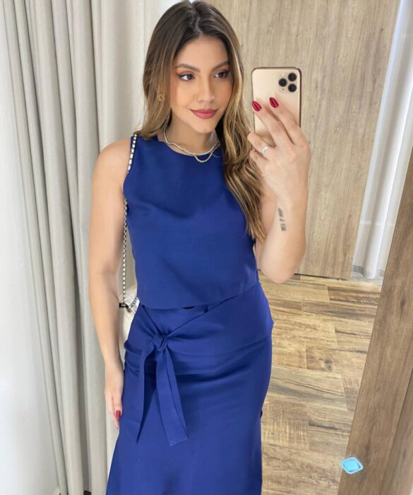 Conjunto Feminino Cropped e Saia Midi Azul com Fenda e Amarração - Fernanda Ramos Store