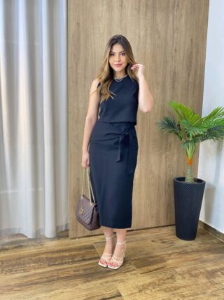 Conjunto Feminino Cropped e Saia Midi Preto com Fenda e Amarração - Fernanda Ramos Store