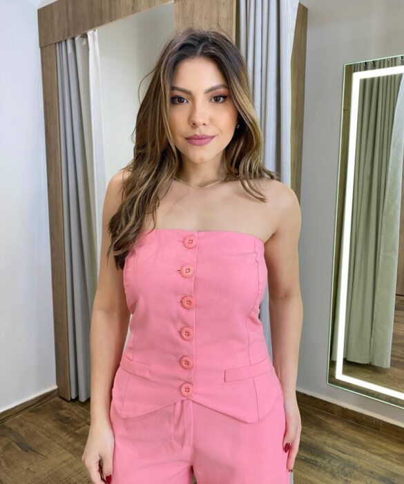 Conjunto Feminino Laísa Blusa Tomara que Caia e Calça Rosa - Fernanda Ramos Store