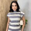 Conjunto Feminino Modal Blusa Muscle e Saia Midi Listrado de Cinza - Fernanda Ramos Store