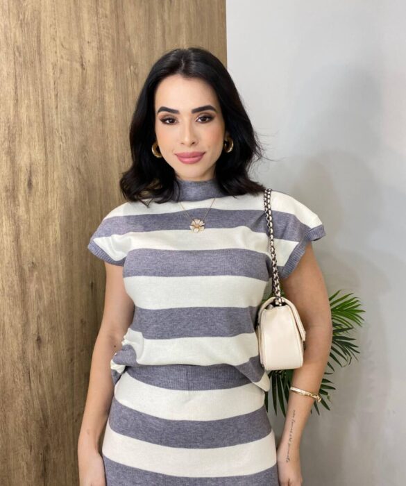 Conjunto Feminino Modal Blusa Muscle e Saia Midi Listrado de Cinza - Fernanda Ramos Store