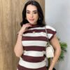 Conjunto Feminino Modal Blusa Muscle e Saia Midi Listrado de Marrom - Fernanda Ramos Store