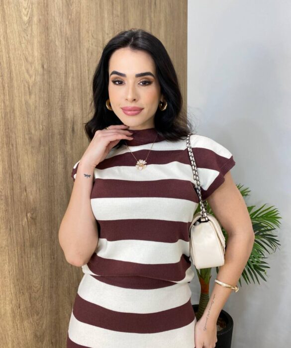 Conjunto Feminino Modal Blusa Muscle e Saia Midi Listrado de Marrom - Fernanda Ramos Store