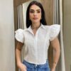 Cropped Feminino Alongado Cléo Manga Curta com Botões Branco - Fernanda Ramos Store