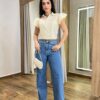 Cropped Feminino Alongado Cléo Manga Curta com Botões Creme - Fernanda Ramos Store