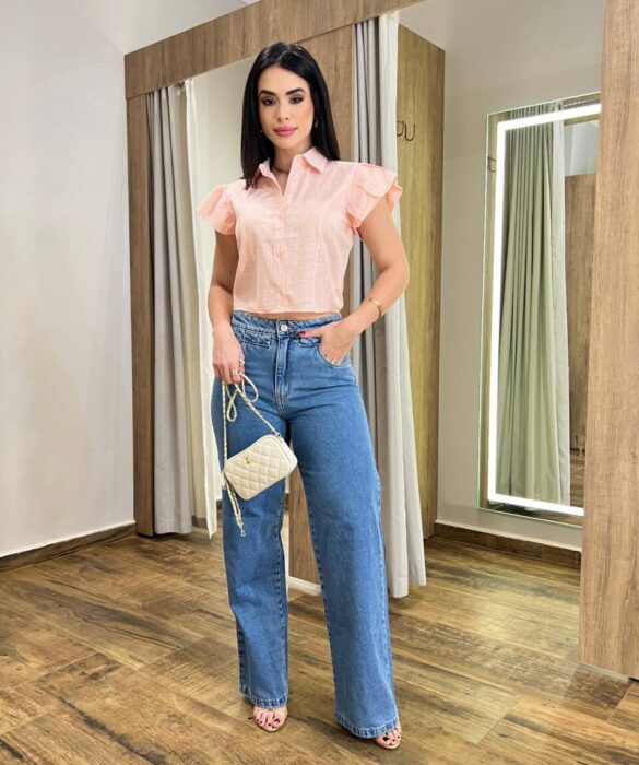 Cropped Feminino Alongado Cléo Manga Curta com Botões Rosa - Fernanda Ramos Store