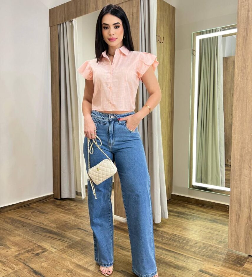 Cropped Feminino Alongado Cléo Manga Curta com Botões Rosa - Fernanda Ramos Store