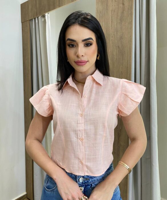 Cropped Feminino Alongado Cléo Manga Curta com Botões Rosa - Fernanda Ramos Store