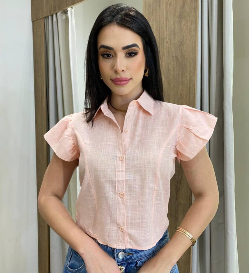Cropped Feminino Alongado Cléo Manga Curta com Botões Rosa - Fernanda Ramos Store