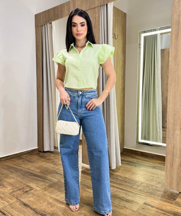 Cropped Feminino Alongado Cléo Manga Curta com Botões Verde - Fernanda Ramos Store