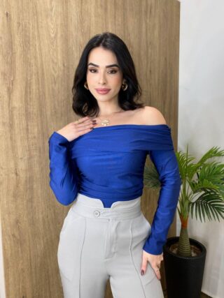 Cropped Feminino Bia com Bojo Ombro a Ombro Manga Longa Azul - Fernanda Ramos Store