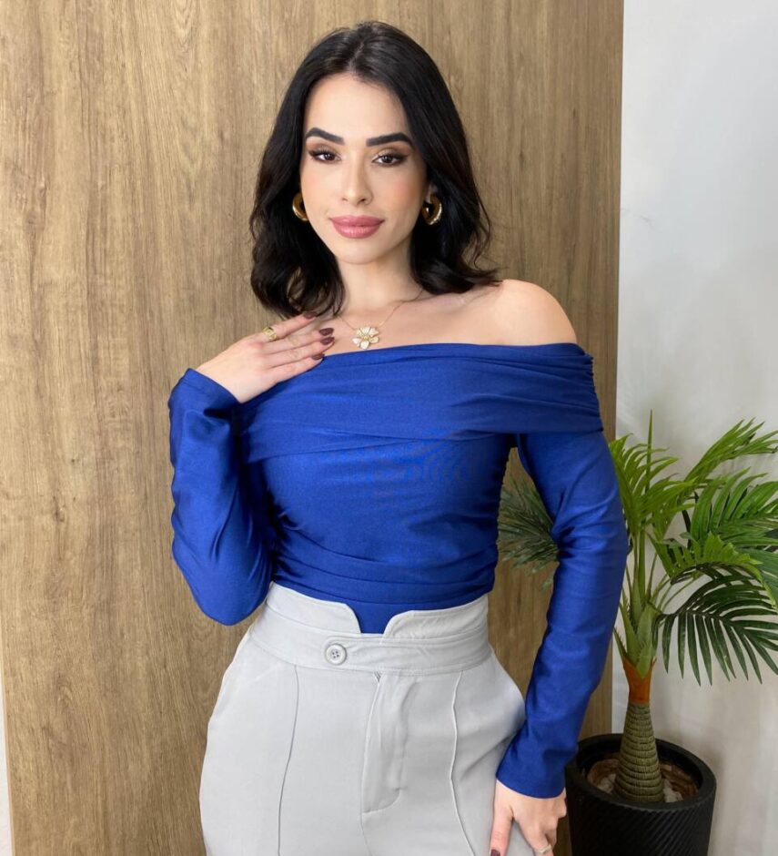 Cropped Feminino Bia com Bojo Ombro a Ombro Manga Longa Azul - Fernanda Ramos Store