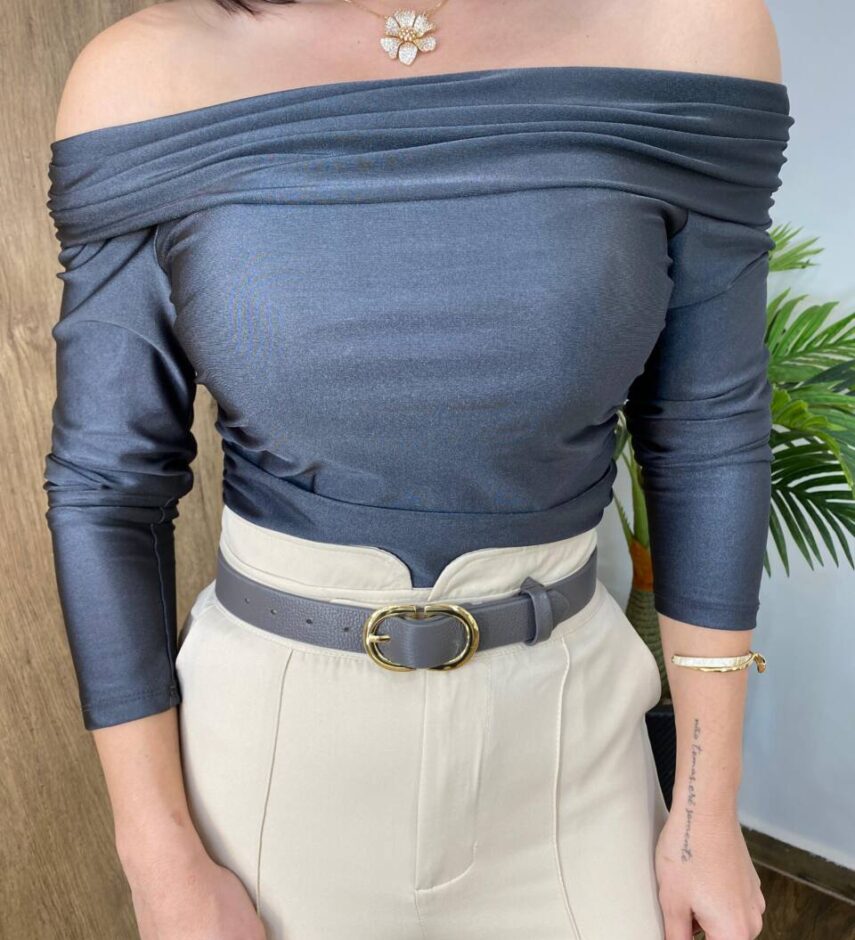 Cropped Feminino Bia com Bojo Ombro a Ombro Manga Longa Cinza - Fernanda Ramos Store