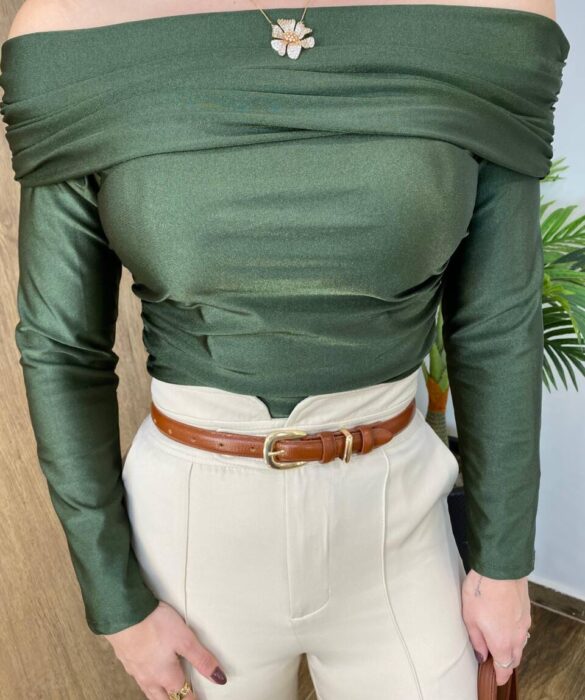 Cropped Feminino Bia com Bojo Ombro a Ombro Manga Longa Verde - Fernanda Ramos Store