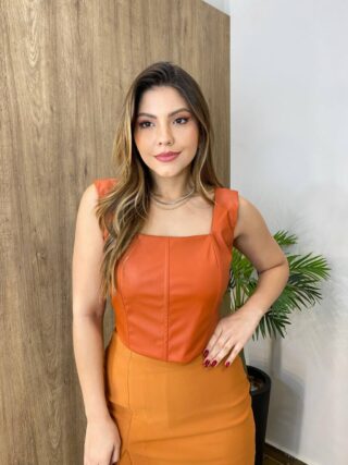 Cropped Feminino Corset com Bojo Couro Eco Terracota - Fernanda Ramos Store