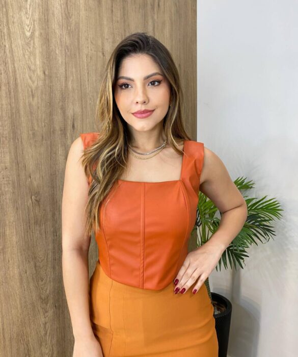 Cropped Feminino Corset com Bojo Couro Eco Terracota - Fernanda Ramos Store