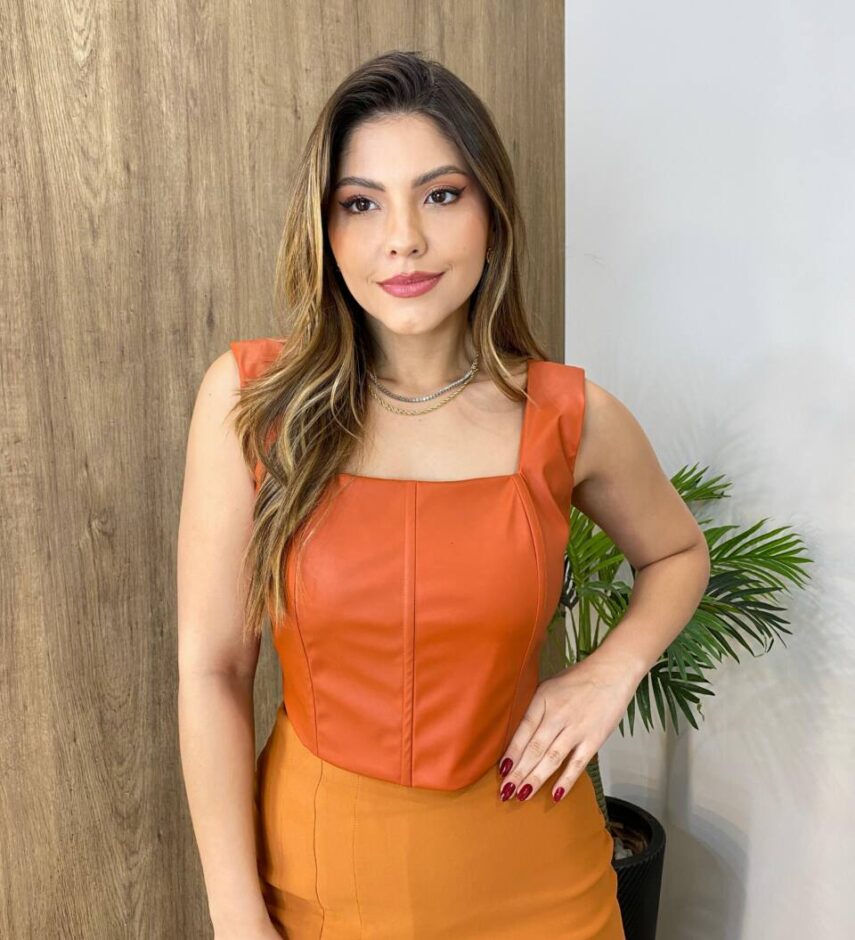 Cropped Feminino Corset com Bojo Couro Eco Terracota - Fernanda Ramos Store