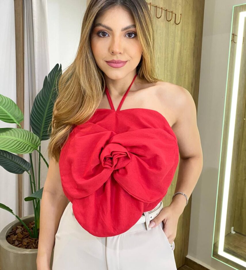 Cropped Feminino Flor sem Bojo com Amarração Vermelho - Fernanda Ramos Store