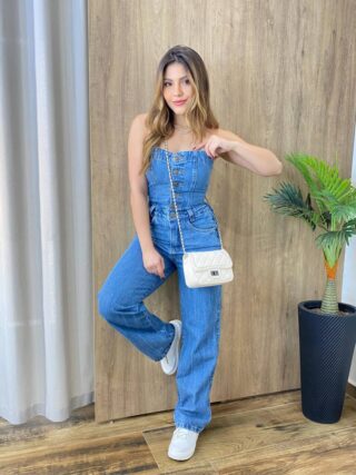 Macacão Feminino Longo Jessy sem Bojo Tomara Que Caia Jeans Médio - Fernanda Ramos Store