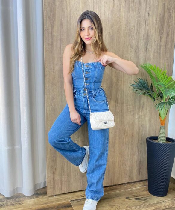 Macacão Feminino Longo Jessy sem Bojo Tomara Que Caia Jeans Médio - Fernanda Ramos Store