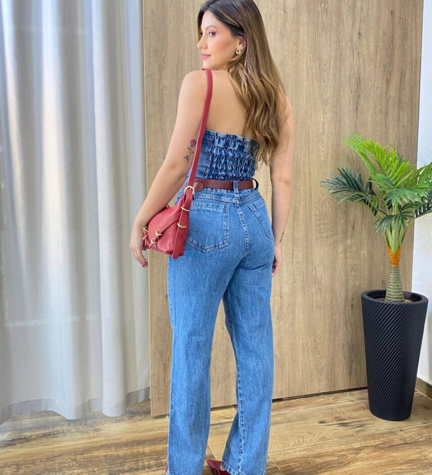 Macacão Feminino Longo Jessy sem Bojo Tomara Que Caia Jeans Médio - Fernanda Ramos Store